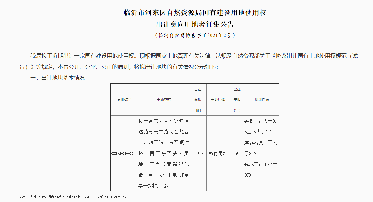 临沂河东国有建设用地出让!近4万平方米!作为教育用地!
